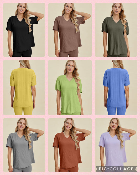 Ribbed V-Neck Short Sleeve Top and Shorts Set