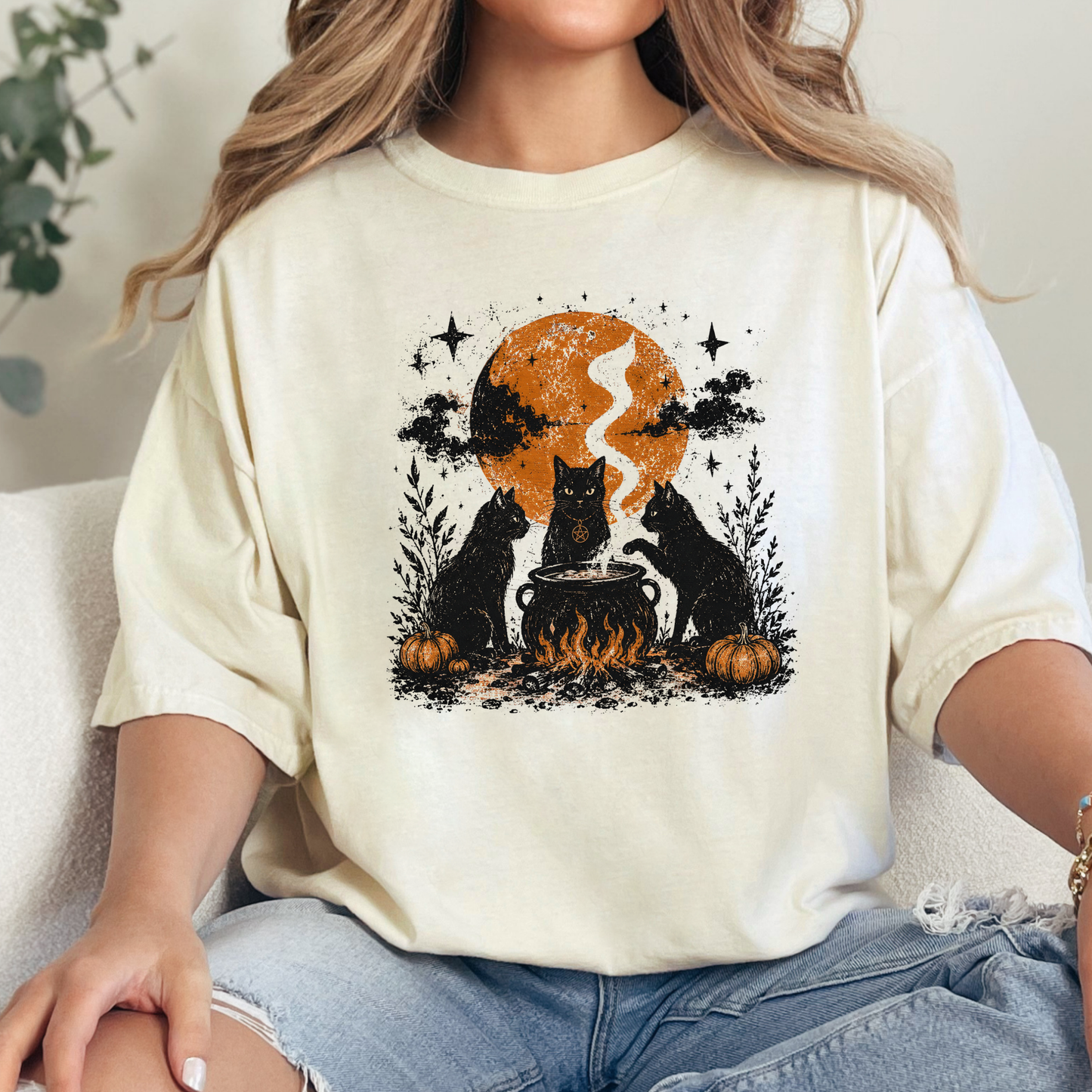 Wholesale Witch Cat Coven Halloween Graphic Tee - Ivory