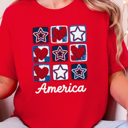 Patriotic Quilt Stars Hearts Graphic Tee