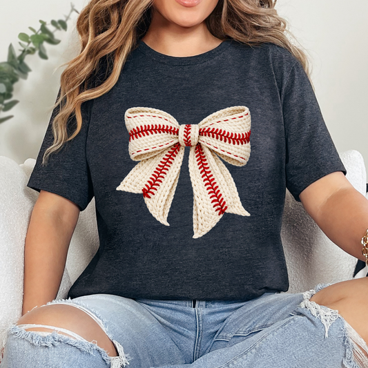 Faux Yarn Baseball Bow Graphic Tee - Alonna's Legging Land