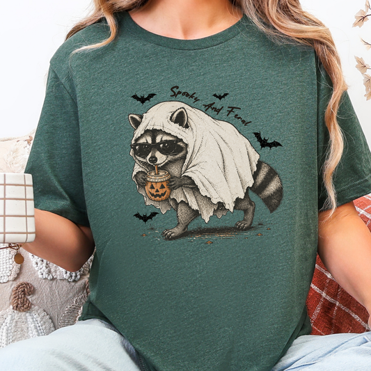 Wholesale Spooky Raccoon Ghost Graphic Tee - Heather Forest
