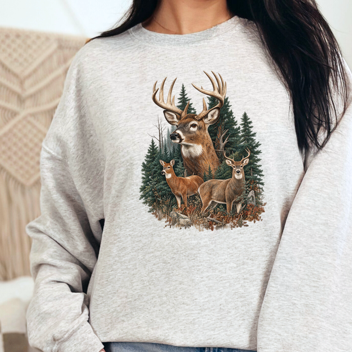 Wholesale Forest Three Deer Graphic Sweatshirt - Ash