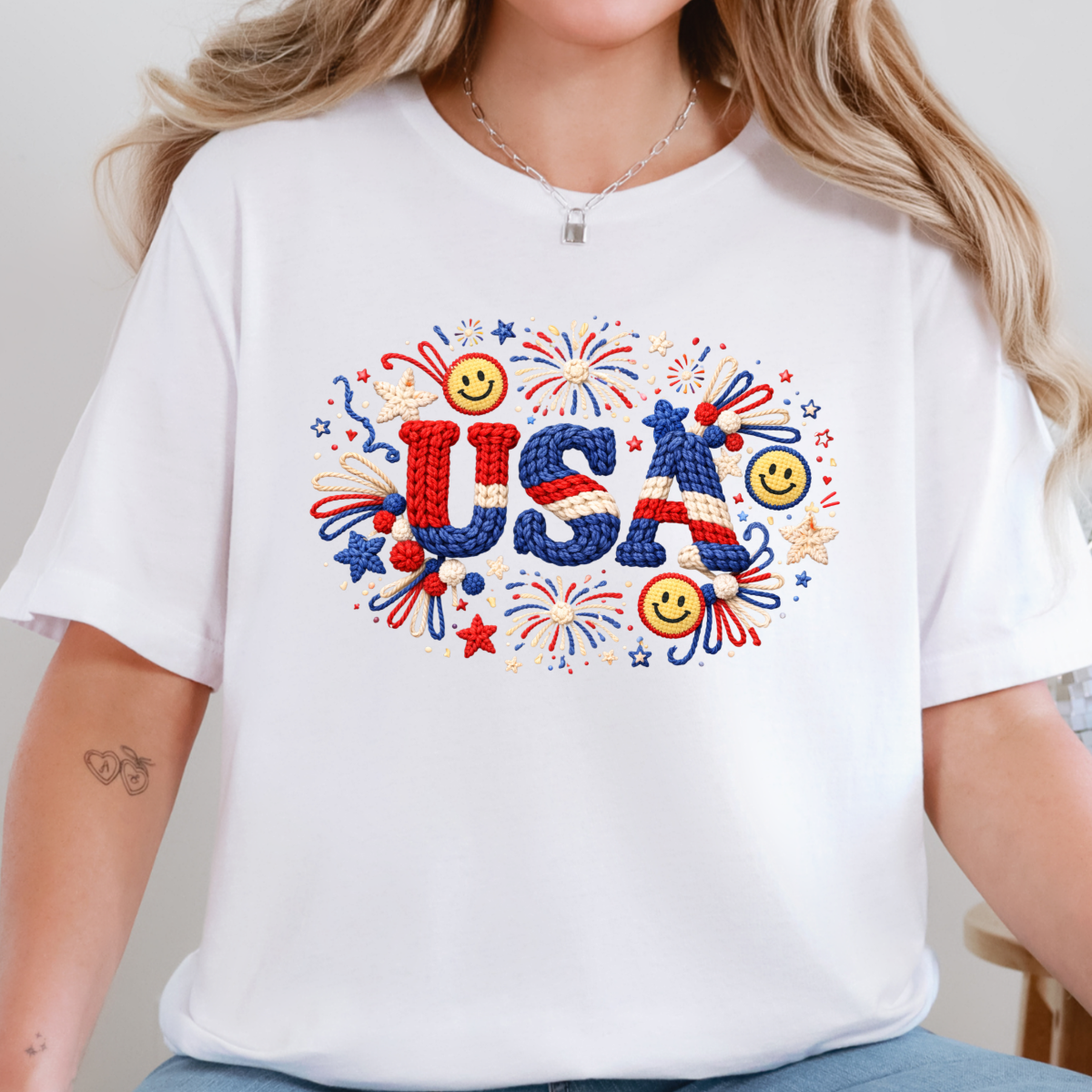 Wholesale Faux Yarn USA Fireworks Graphic Tee - White Tee