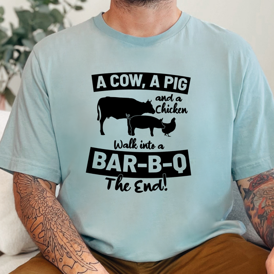Wholesale Cow, Pig & Chicken Bar B Q Graphic Tee - Dusty Blue