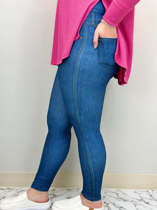 Blue Denim Leggings w/ Butt Pockets - Alonna's Legging Land