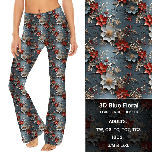 3D Blue Floral - Yoga Flares with Pockets