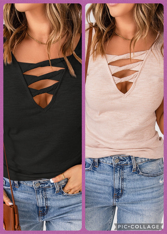 Strappy Ribbed Knit T-Shirt