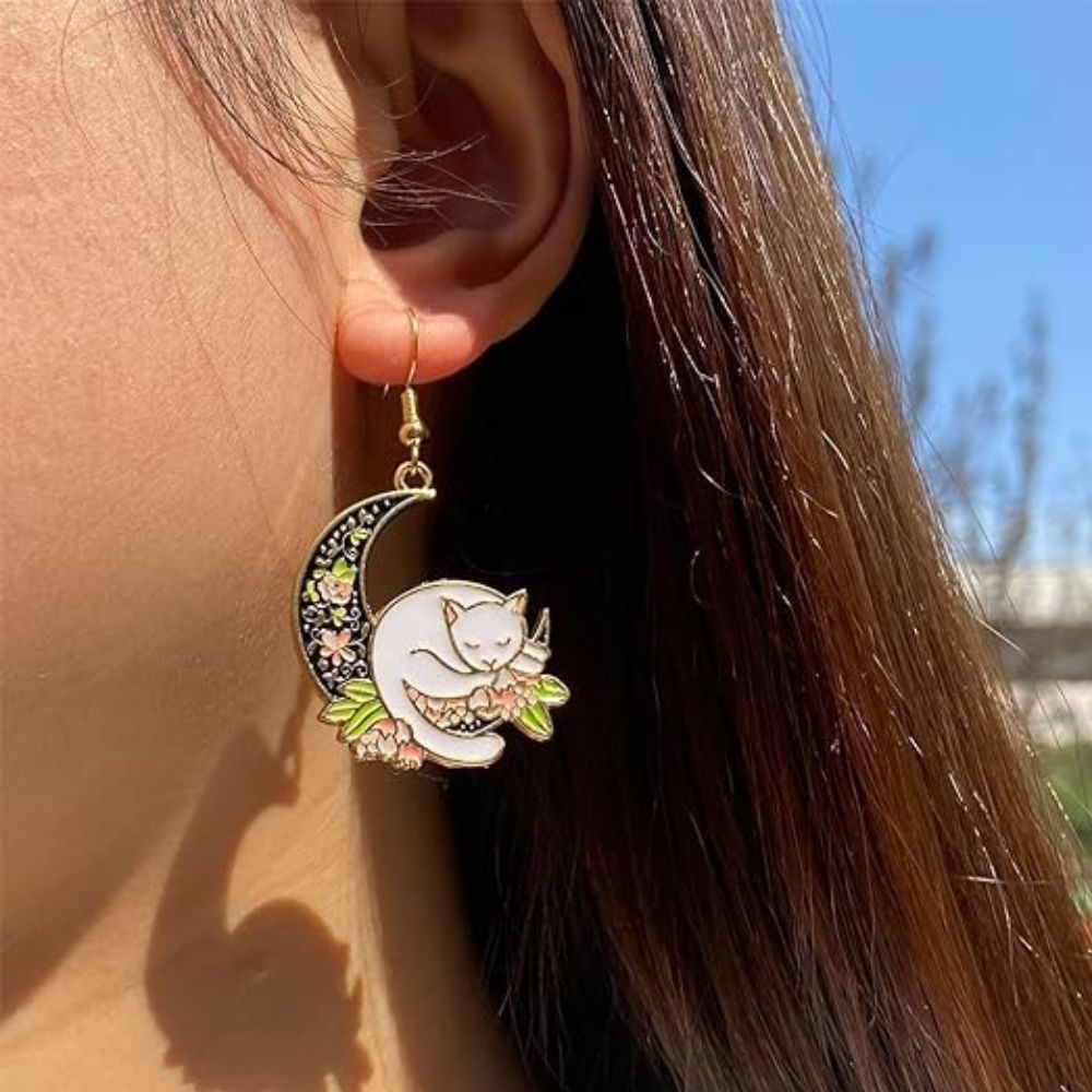 CAT ON THE MOON EARRINGS (PAIR) - Alonna's Legging Land