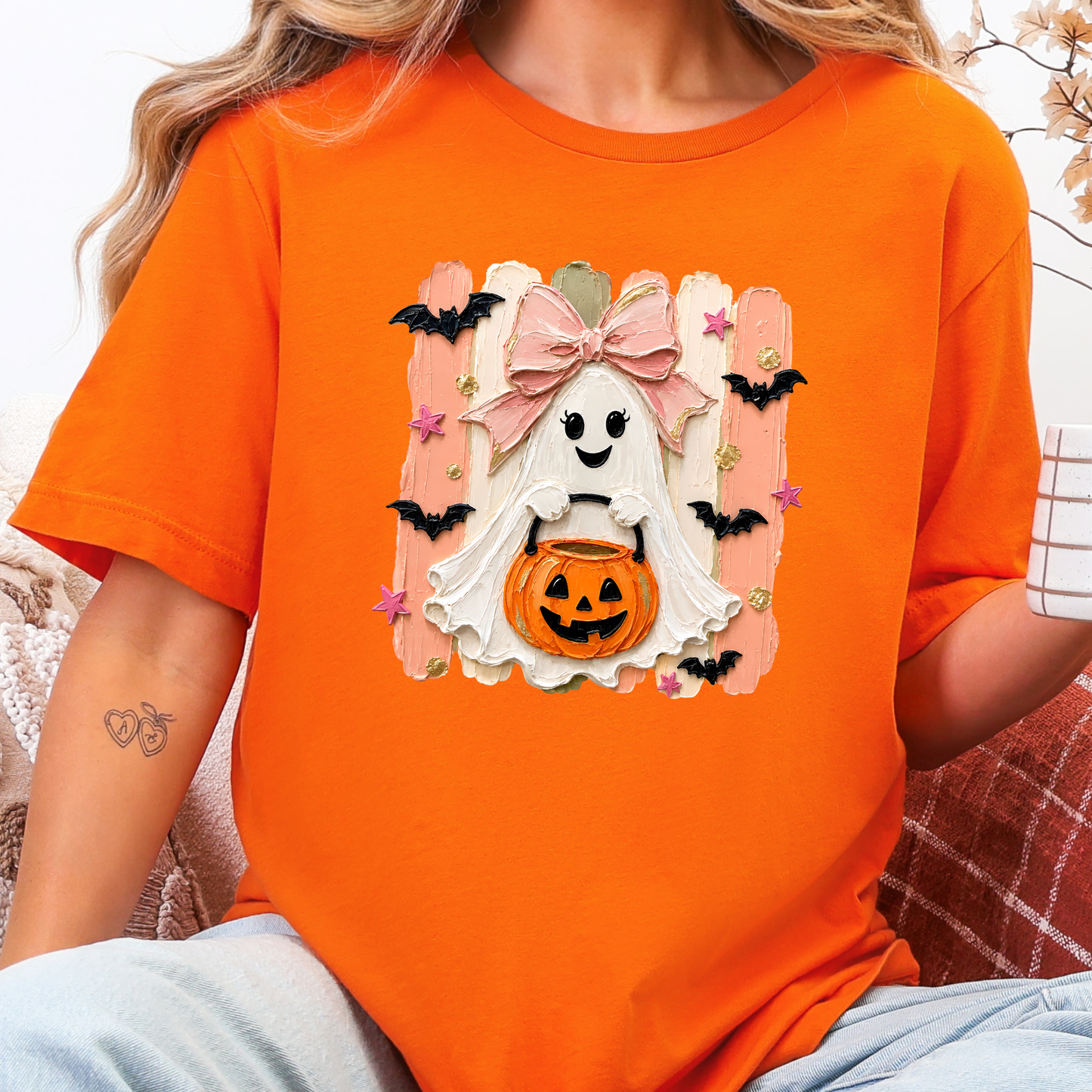 Wholesale Brushstroke Halloween Ghost Graphic Tee - Orange
