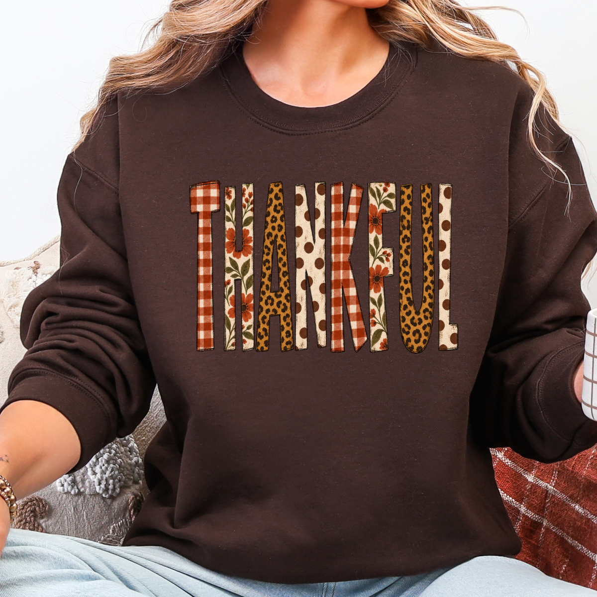 Wholesale Patchwork Thankful Graphic Sweatshirt - Dark Chocolate