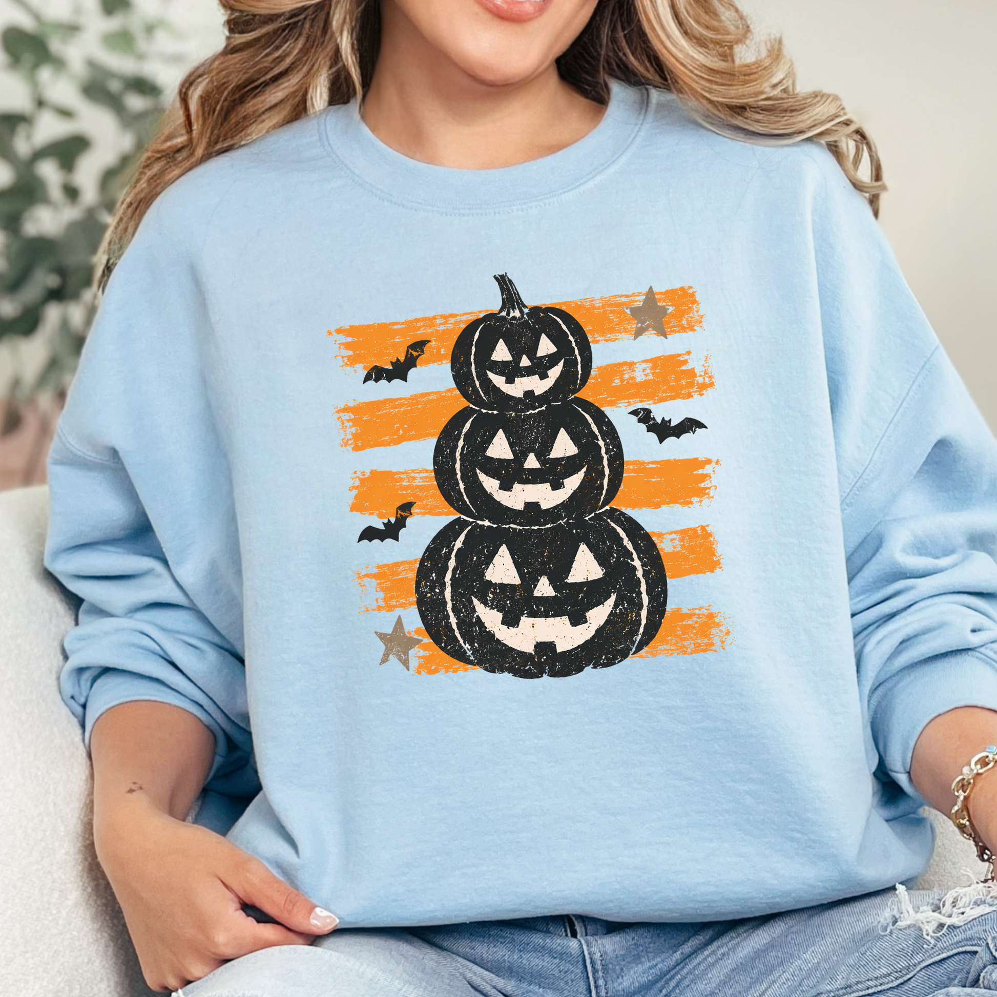 Wholesale Retro Vintage Halloween Pumpkin Graphic Sweatshirt - Light Blue