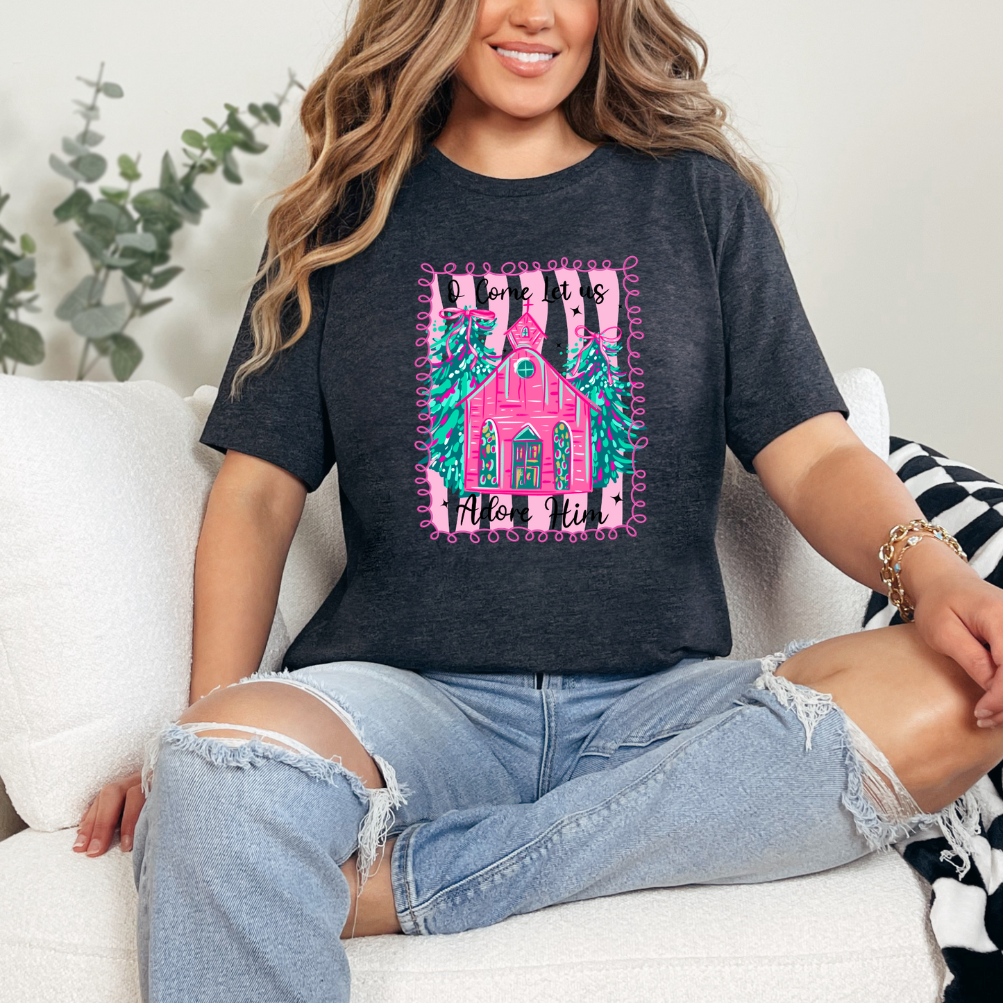 Let Us Adore Him Pink Graphic Tee