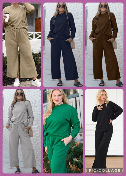 Double Take Full Size Textured Long Sleeve Top and Drawstring Pants Set