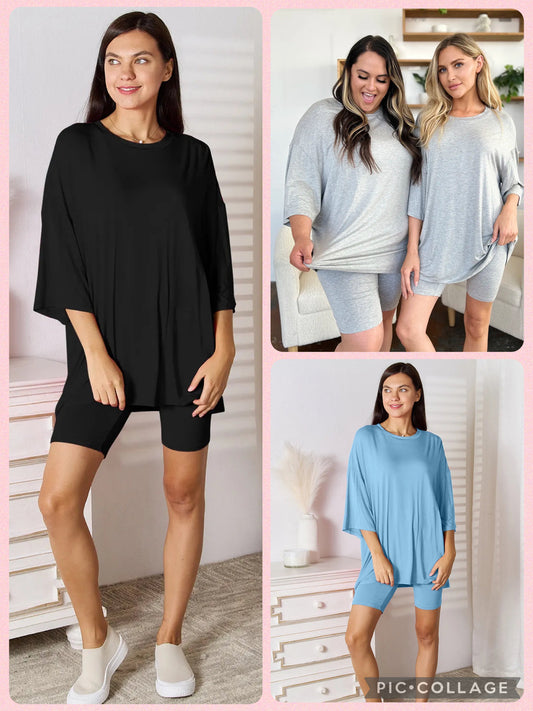 Basic Bae Bamboo Round Neck Drop Shoulder T-Shirt and Shorts Set - Multiple Color Options!