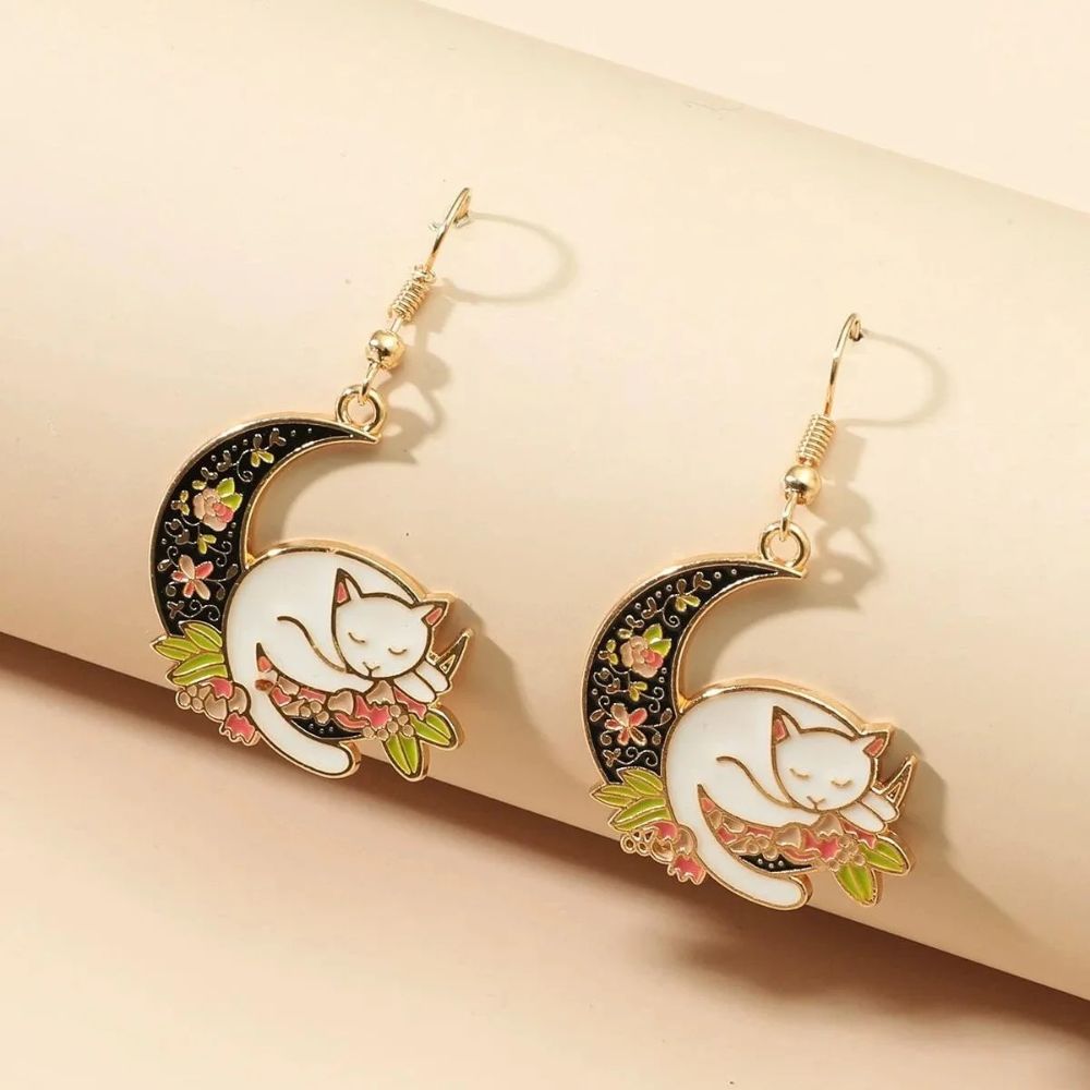 CAT ON THE MOON EARRINGS (PAIR) - Alonna's Legging Land