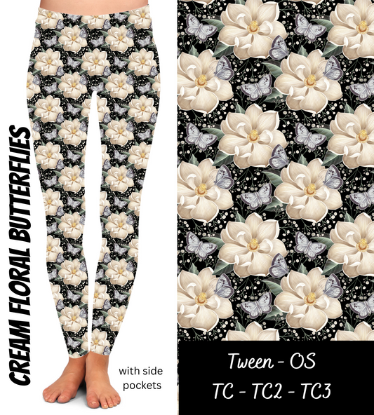 Cream Butterfly & Flowers - Leggings with Pockets