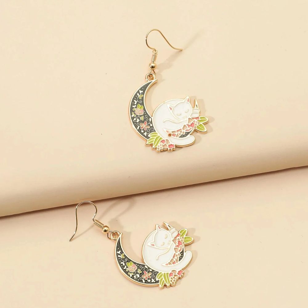 CAT ON THE MOON EARRINGS (PAIR) - Alonna's Legging Land
