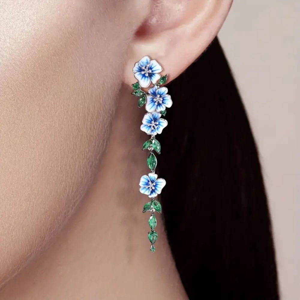 BLUE FLOWER CHAIN EARRINGS (PAIR)