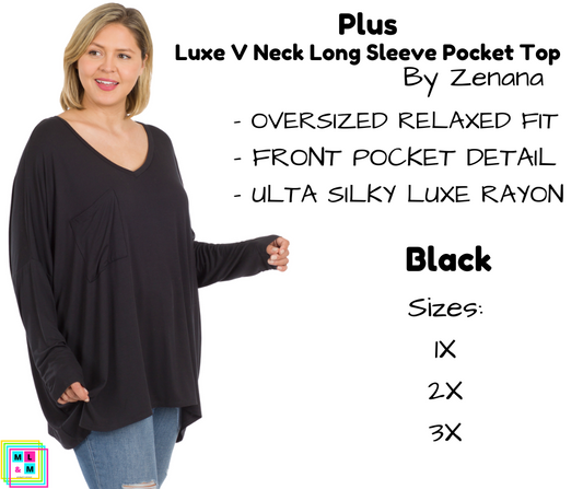 PLUS Lux V Neck Long Sleeve Pocket Top - Black