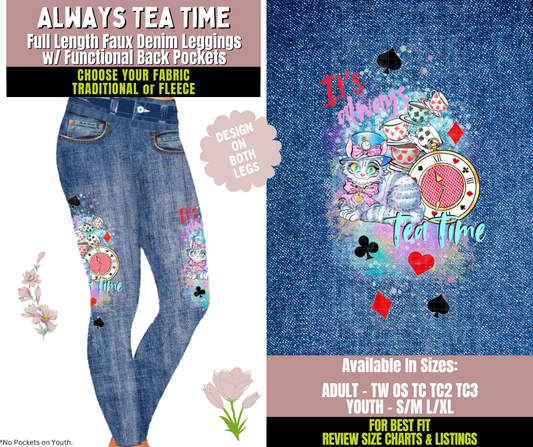 Preorder! Closes 10/8. ETA Dec. Always Tea Time Faux Denim Leggings w/ Side Leg Designs Choose Fleece or Traditional