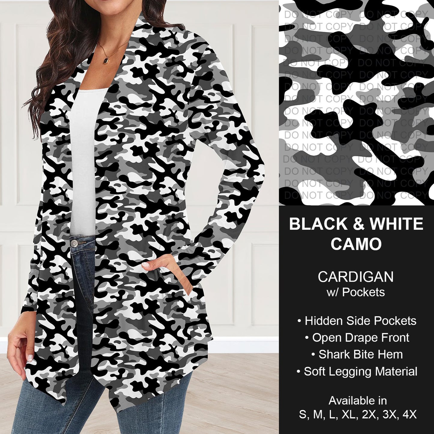 B251 - Preorder Black and White Camo Cardigan w/ Pockets (Closes 9/14. ETA: mid Nov.)