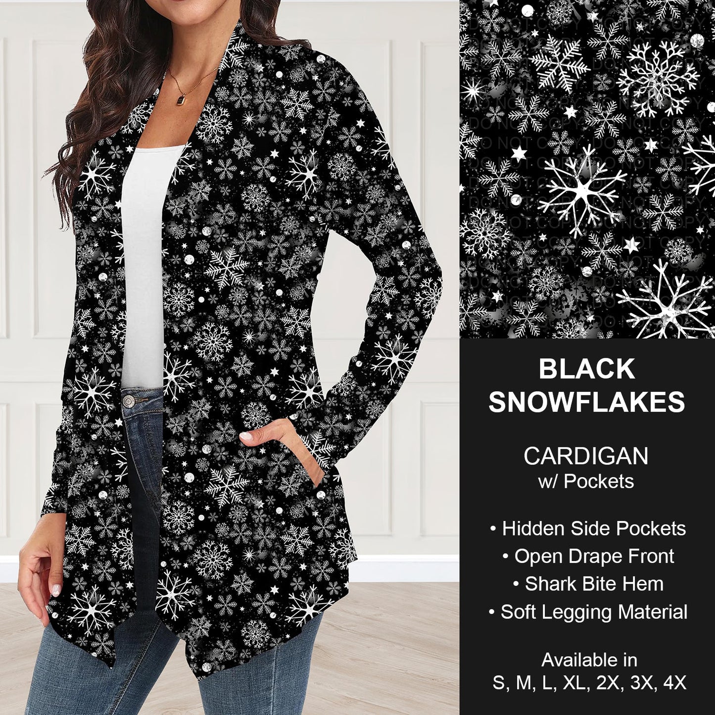 B253 - Preorder Black Snowflakes Cardigan w/ Pockets (Closes 9/28. ETA: late Nov.)