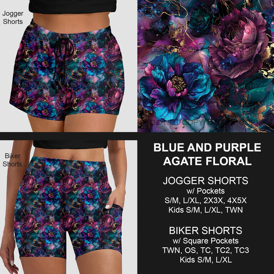B220 - Preorder Blue and Purple Agate Floral Jogger/Biker Shorts (Closes 3/28. ETA: mid June)