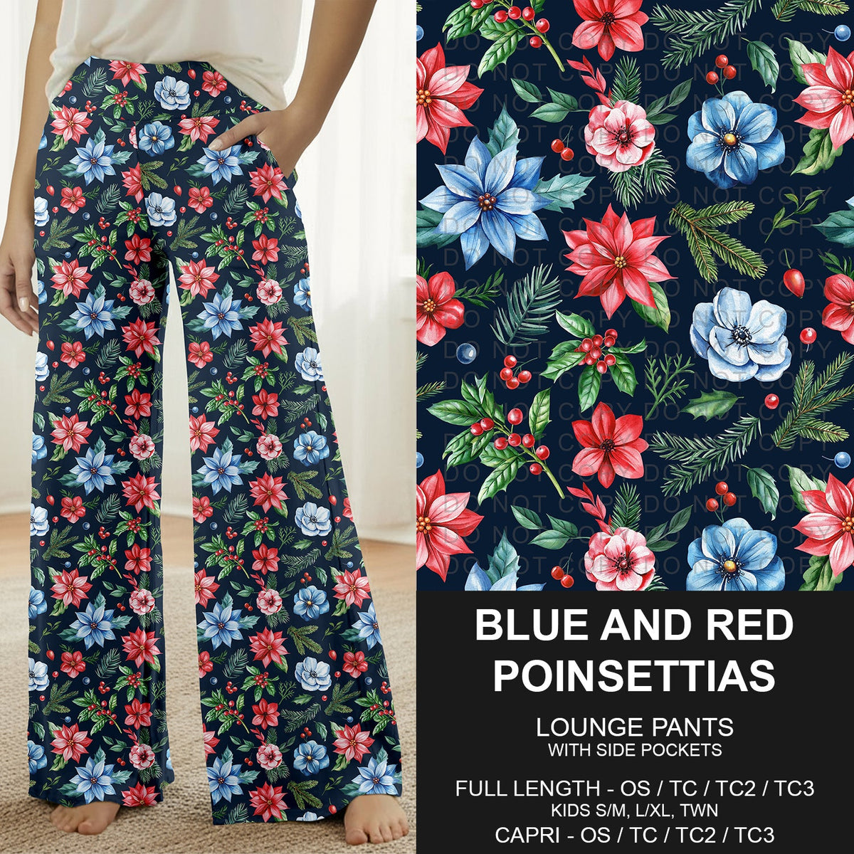 B313 - Preorder Blue and Red Poinsettias Lounge Pants (Closes 9/20. ETA: late Nov.)