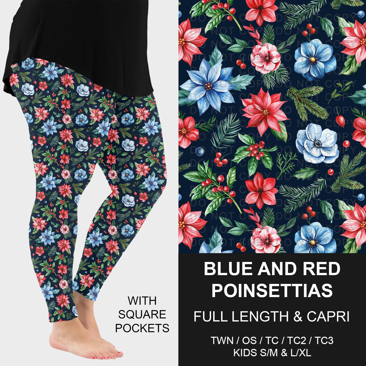 B313 - Preorder Blue and Red Poinsettias Leggings w/ Pockets (Closes 9/20. ETA: late Nov.)