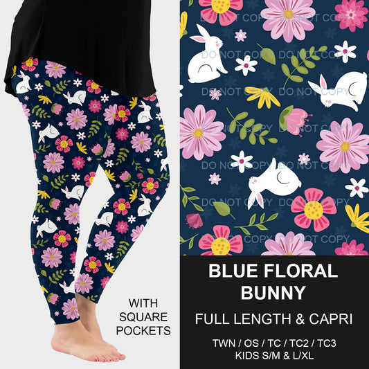 B211 - Preorder Blue Floral Bunny Leggings w/ Pockets (Closes 2/09. ETA: late March)