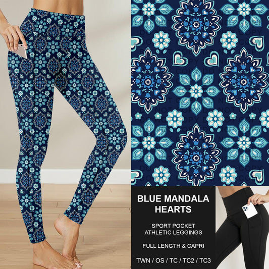 B282 - Preorder Blue Mandala Hearts Sport Pocket Leggings (Closes 3/29. ETA: early June)