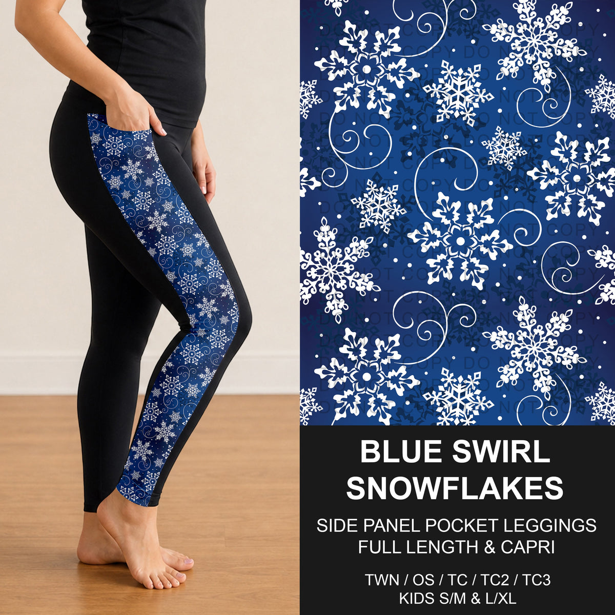 B313 - Preorder Blue Swirl Snowflakes Side Panel Pocket Leggings (Closes 9/20. ETA: late Nov.)