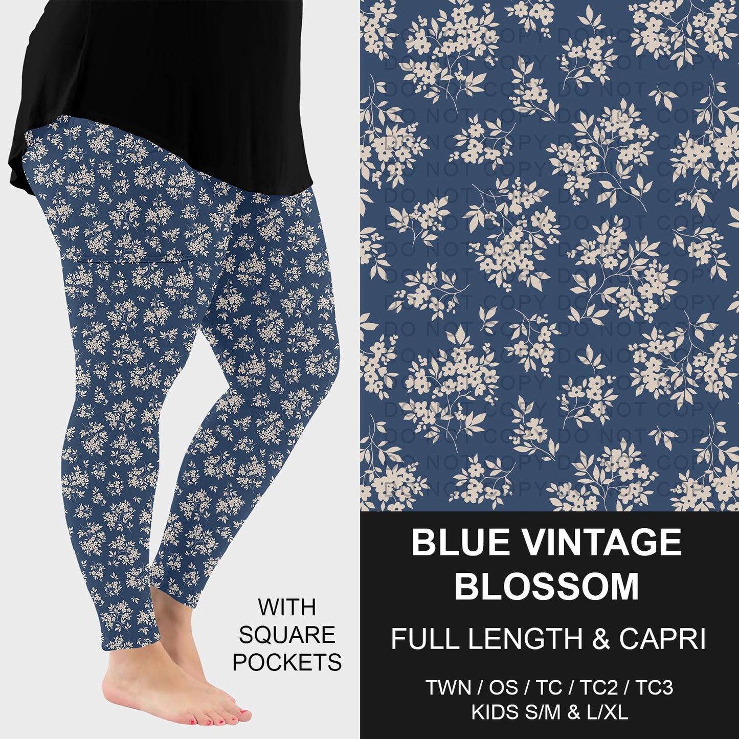 B262 - Preorder Blue Vintage Blossoms Leggings w/ Pockets (Closes 11/23. ETA: late Jan.)