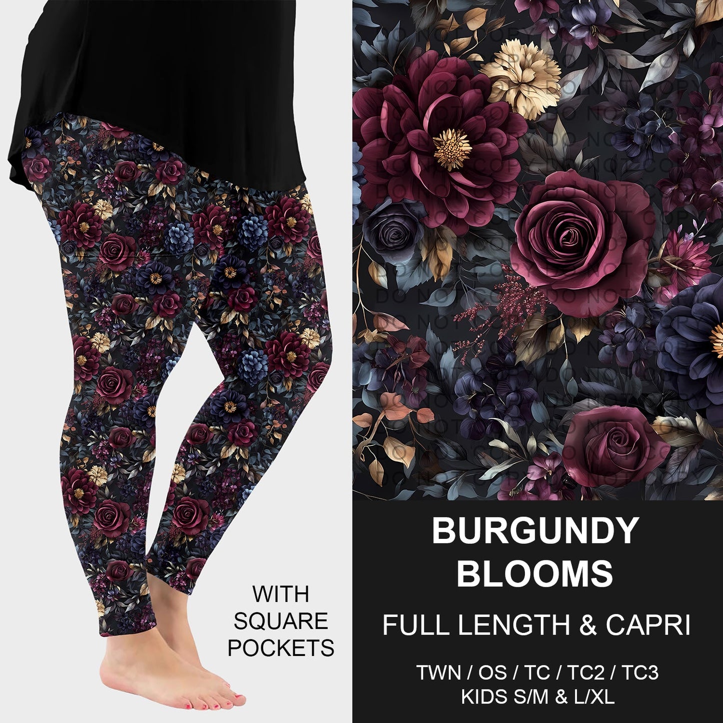 B261 - Preorder Burgundy Blooms Leggings w/ Pockets (Closes 11/16. ETA: late Jan.)