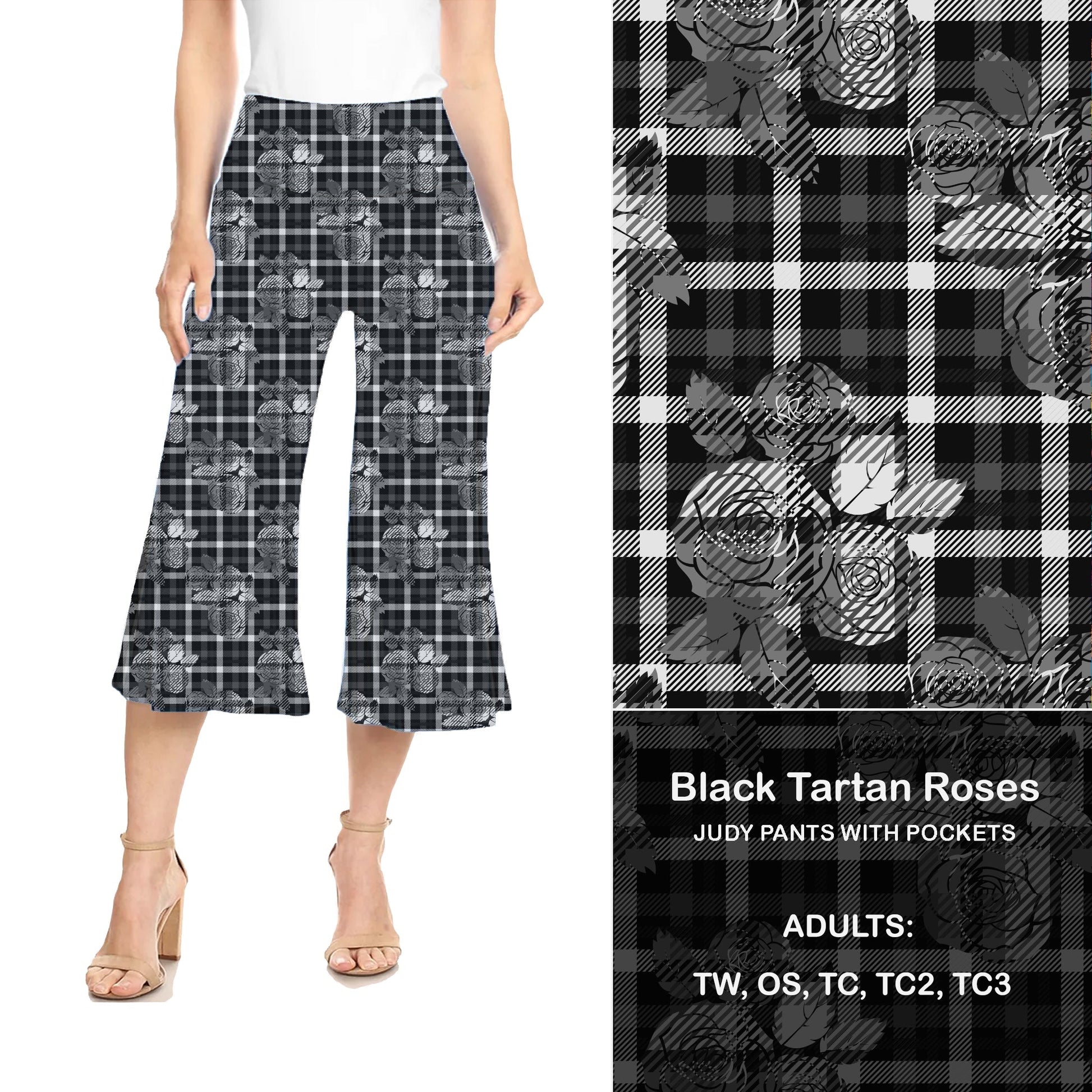 Black Tartan Roses Judy Hybrid Pants with Pockets - Alonna's Legging Land