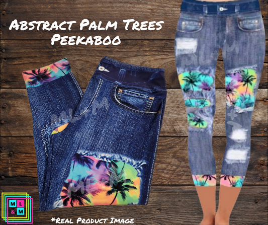 Abstract Palm Trees Faux Denim Capris