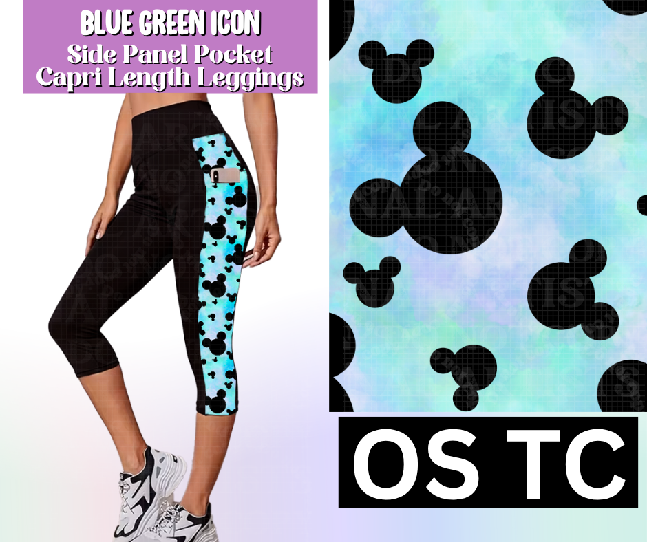 Blue Green Icon Side Panel Pocket Capri Length Leggings