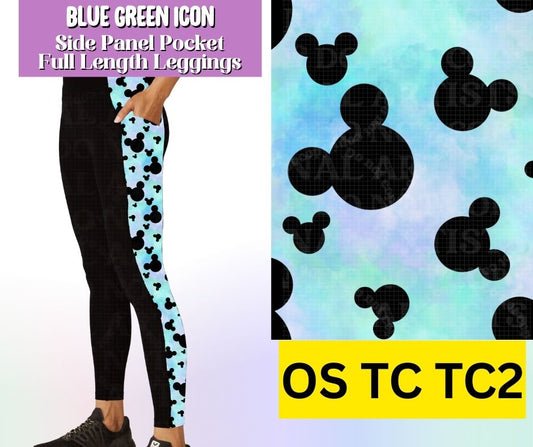 Blue Green Icon Side Panel Pocket Full Length Leggings
