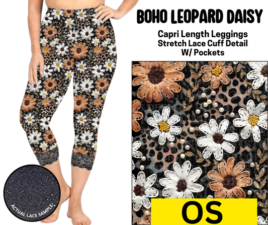 Boho Leopard Daisy Lace Cuff Capris w/ Pockets