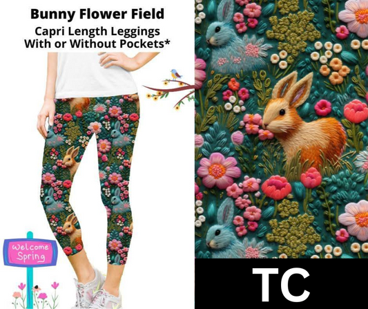 Bunny Flower Field Capri Length Leggings w/ Pockets