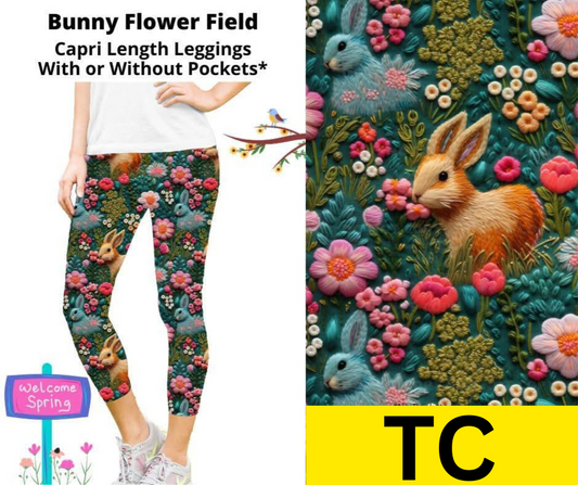 Bunny Flower Field Capri Length Leggings w/ Pockets