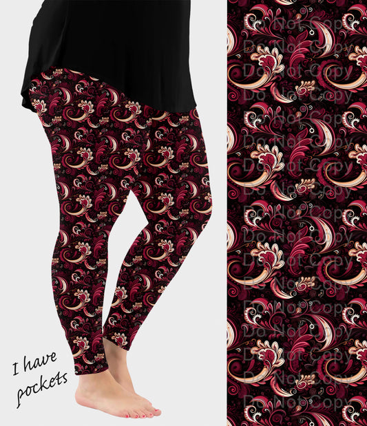 RTS - Burgundy Paisley Leggings w/ Pockets