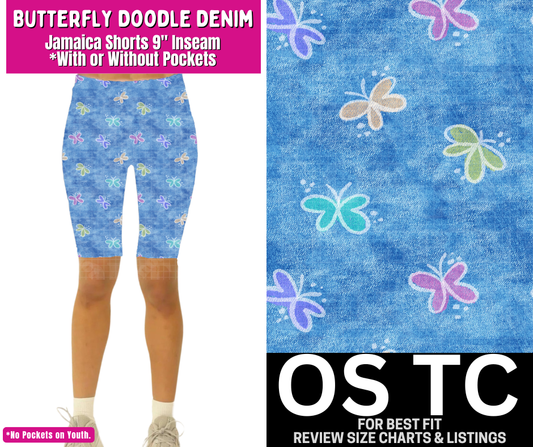 Butterfly Doodle Denim Jamaica Shorts w/ Pockets