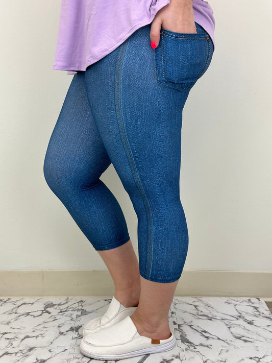 Blue Denim Capri w/ Butt Pockets - Alonna's Legging Land