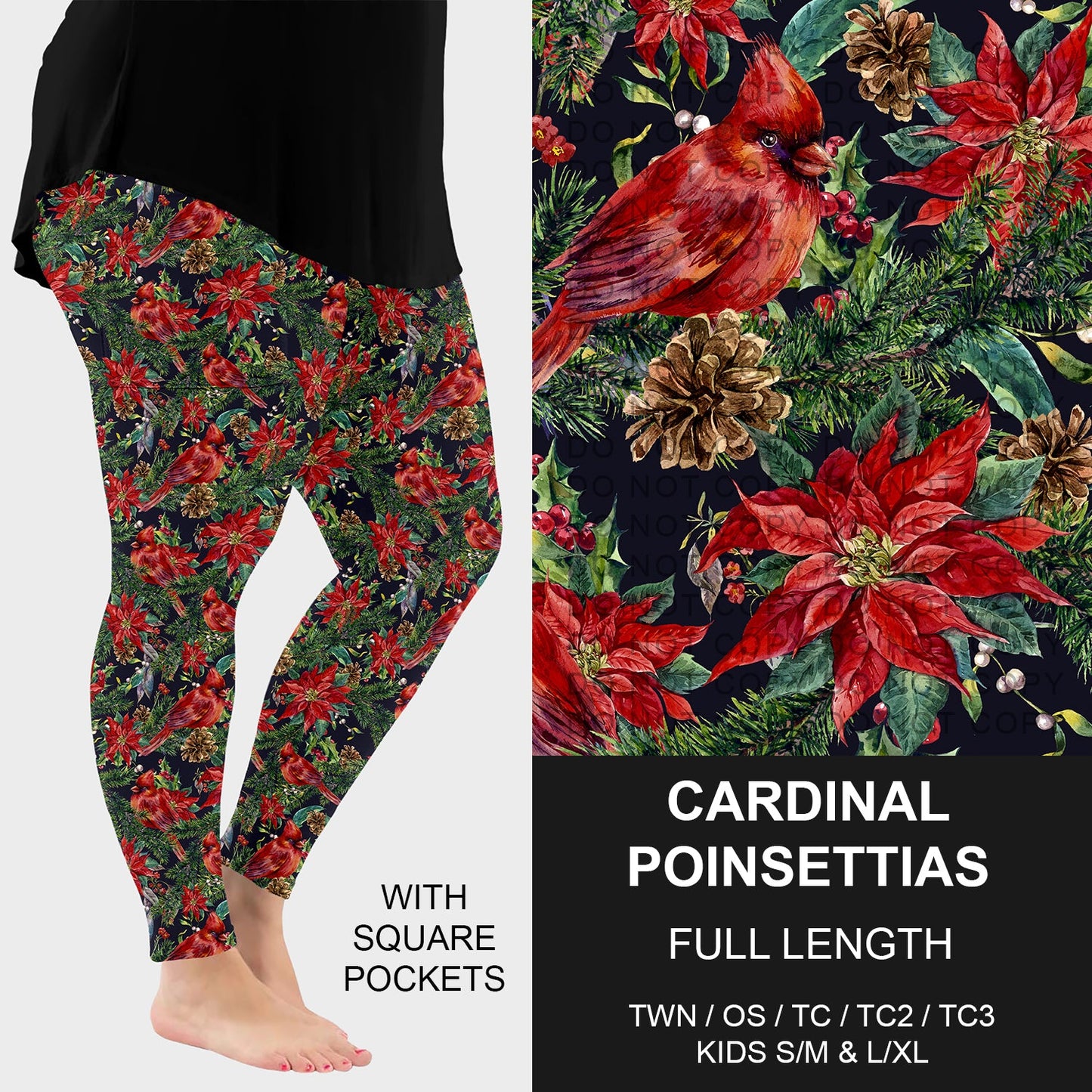 B253 - Preorder Cardinal Poinsettias Leggings w/ Pockets (Closes 9/28. ETA late Nov.)