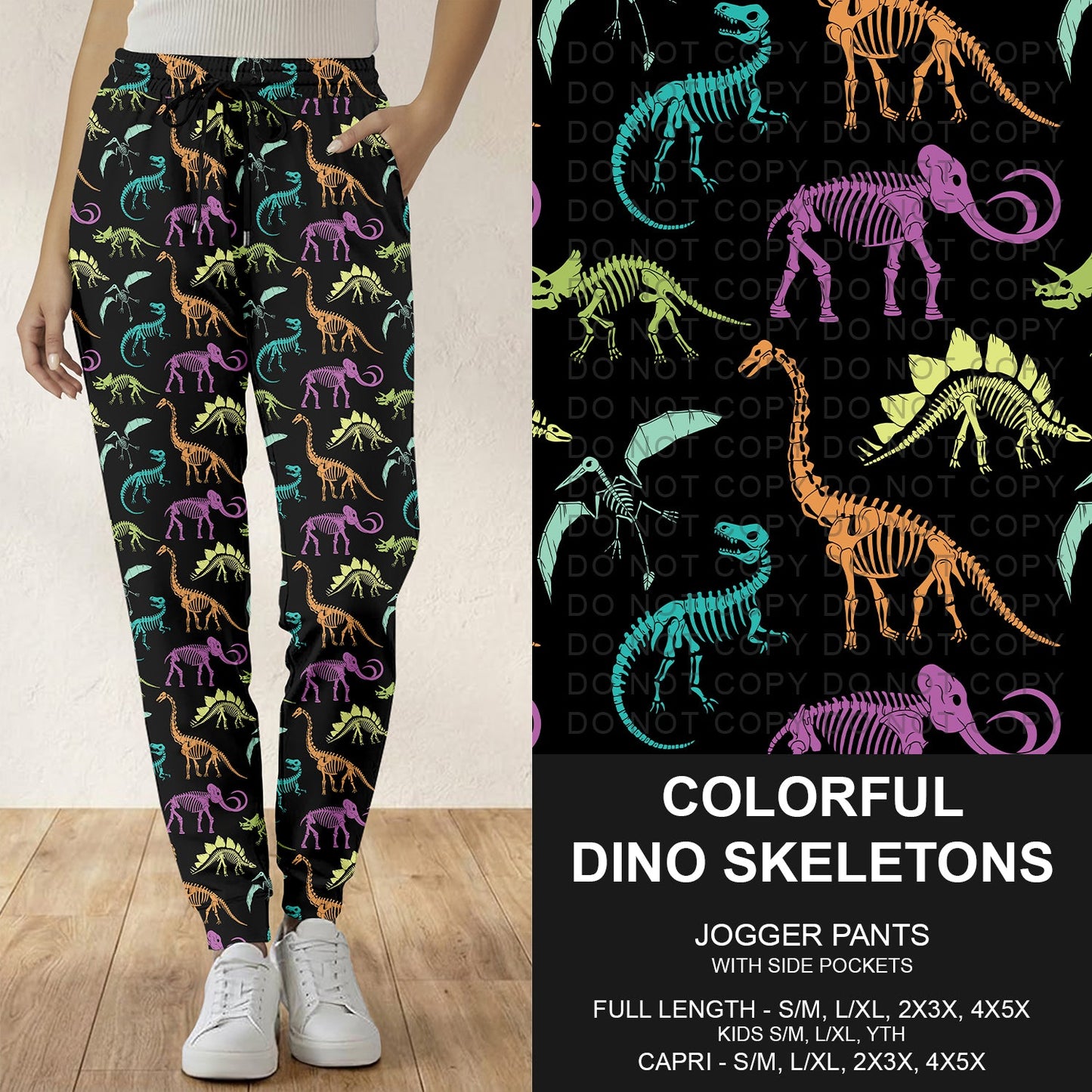 B293 - Preorder Colorful Dino Skeletons Joggers (Closes 5/31. ETA: early Aug.)