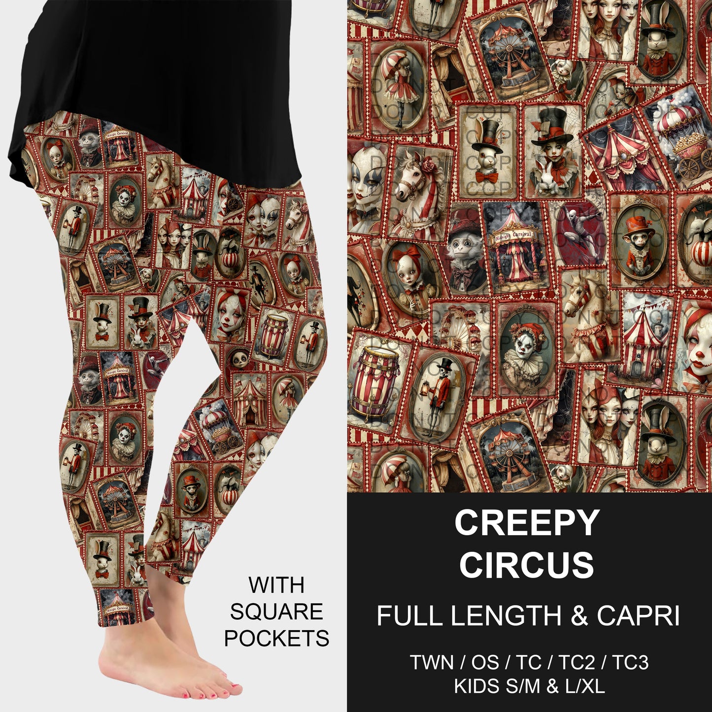 B276 - Preorder Creepy Circus Leggings w/ Pockets (Closes 3/01. ETA: early May) - Alonna's Legging Land
