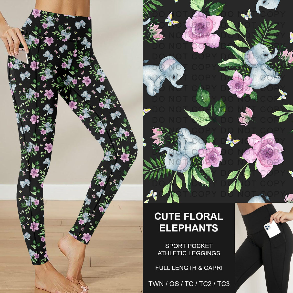 B283 - Preorder Cute Floral Elephants Sport Pocket Leggings (Closes 4/05. ETA: mid June)