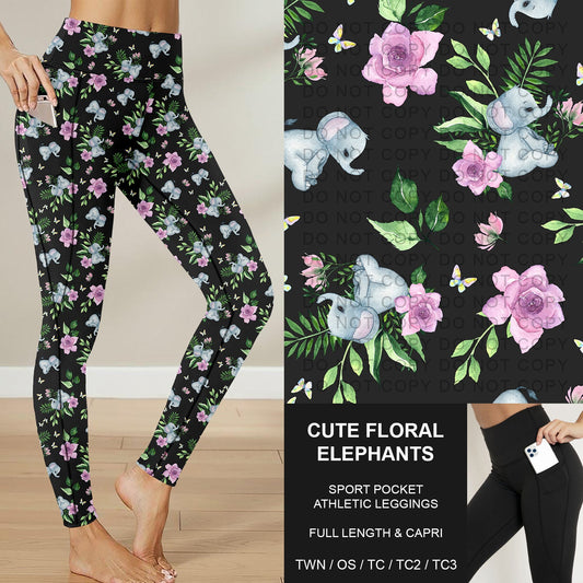 B283 - Preorder Cute Floral Elephants Sport Pocket Leggings (Closes 4/05. ETA: mid June)