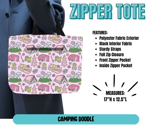 Preorder! Closes 5/21. ETA August. Camping Doodle Zipper Tote
